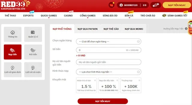 Nạp tiền đơn giản, nhanh chóng tại nhà cái Red88