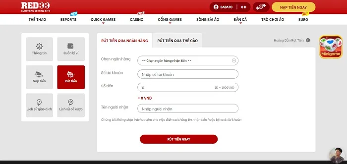 Rút tiền về ngân hàng trong 1 phút từ Red 88